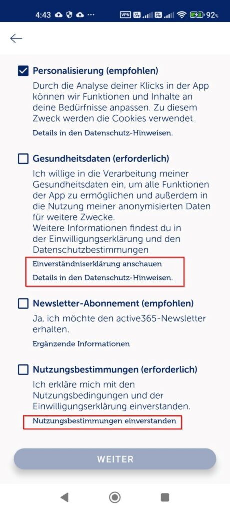 Maske zur Einwilligung von diversen Bestimmungen in der CSS active365 App